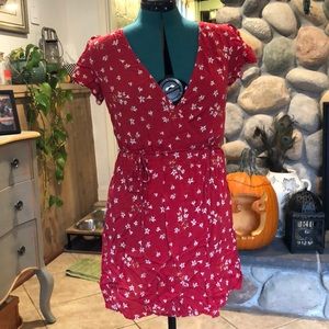 Red floral wrap dress